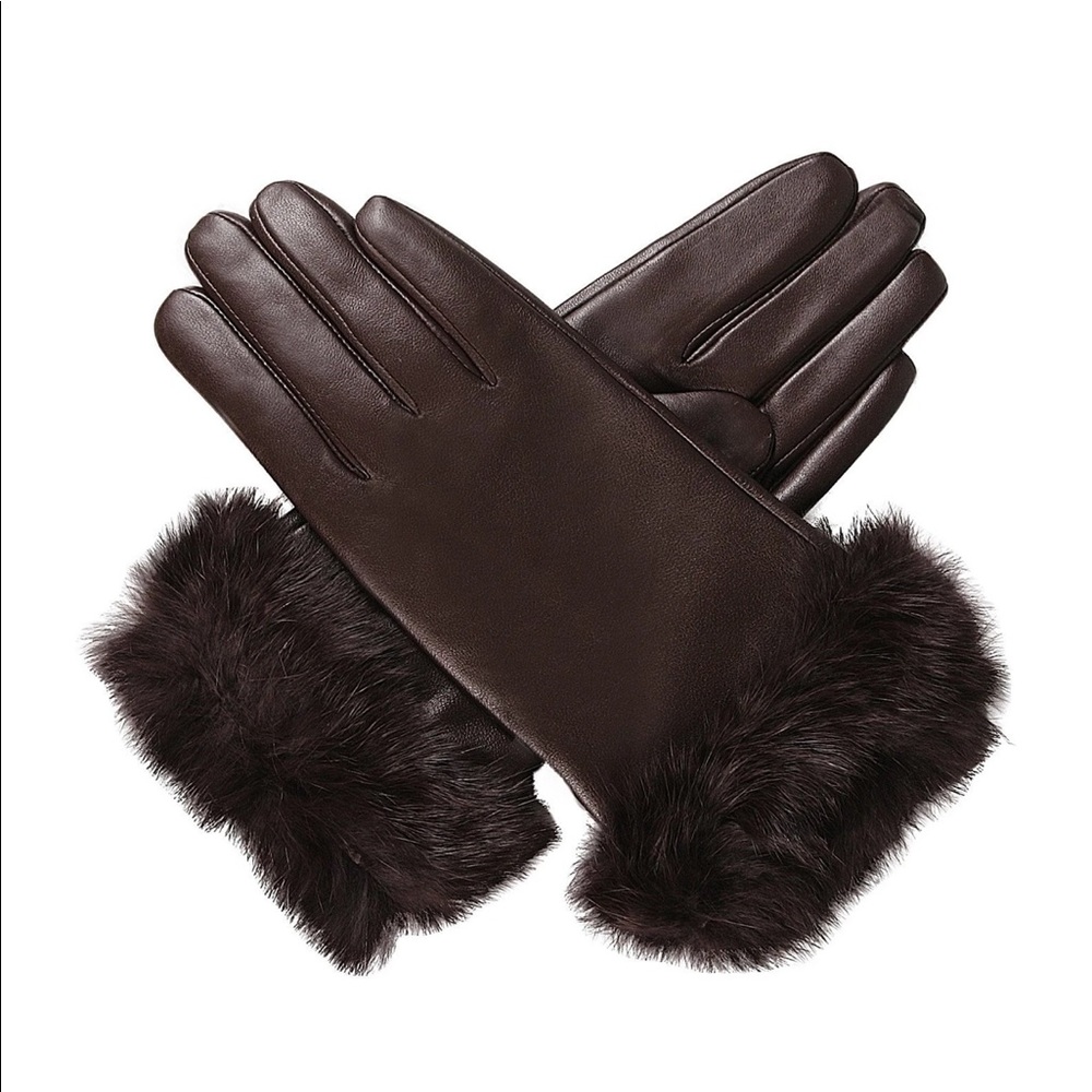 New brown leather cashmere lined gloves fur cuff 7